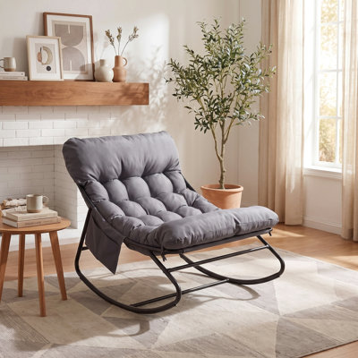 Outdoor/Indoor Papasan Rocking Chair, Lounge Chair with Cushion & Sturdy Metal Frame, Patio Rocker Chair for Balcony Backyard Porch Bedroom, Dark Gray, 1pcs
