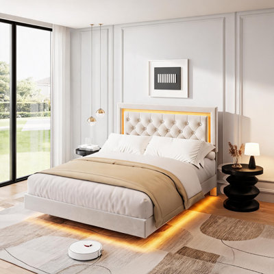 Lit plateforme flottant moderne avec éclairage DEL intelligent - Tête de lit capitonnée en velours - Sommier à lattes en bois robuste - Silencieux, sans sommier tapissier - Montage facile - Mobilier de chambre