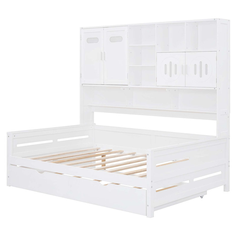 Lit de jour en bois avec lit gigogne, armoire et tablette tout-en-un, Lit double, Blanc