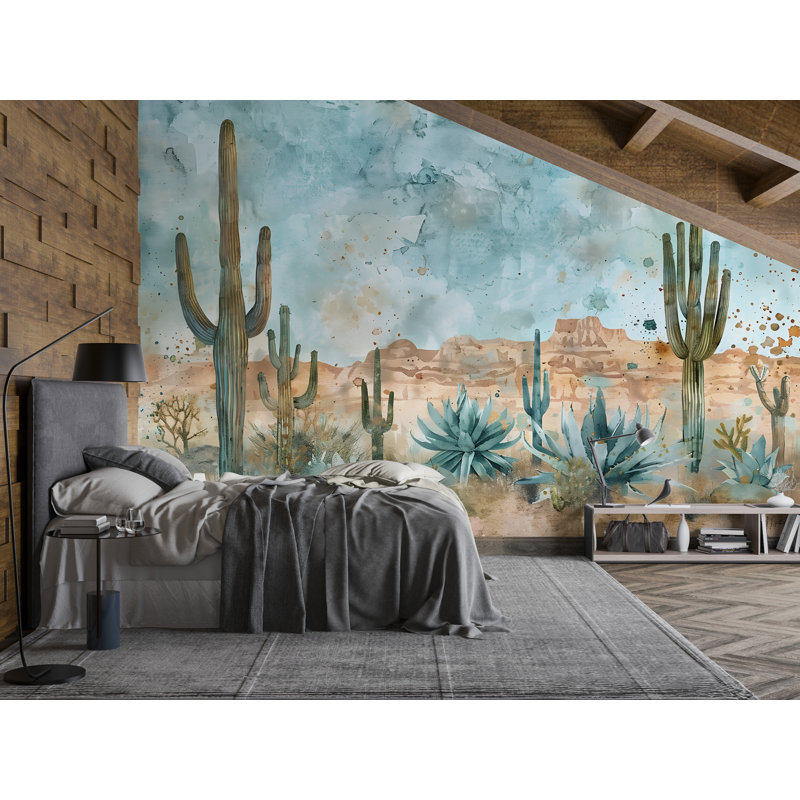 Murale de cactus du sud-ouest du désert - Papier peint paysage bohème de l'Ouest, L 145 po x l 100 po, Peler et coller