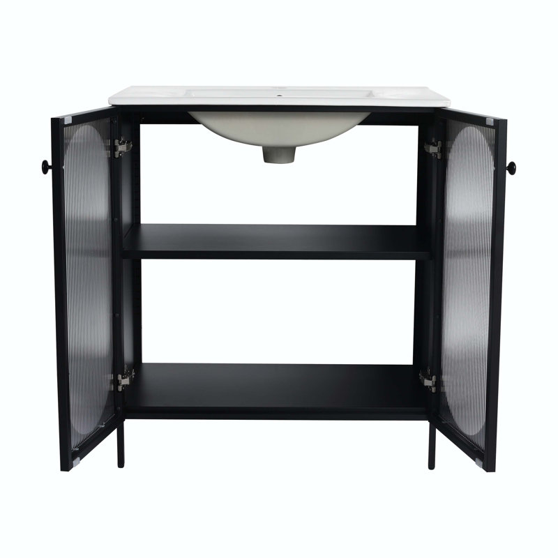 Meuble-lavabo simple 30 po avec plateau en acier Izobelle, Noir