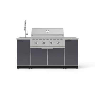 Ensemble d'armoires pour l'extérieur en aluminium gris ardoise 5 pièces avec évier, 1 porte, armoire de barbecue, barbecue au propane liquide 40 po, comptoir en acier inoxydable 16 po et robinet chromé