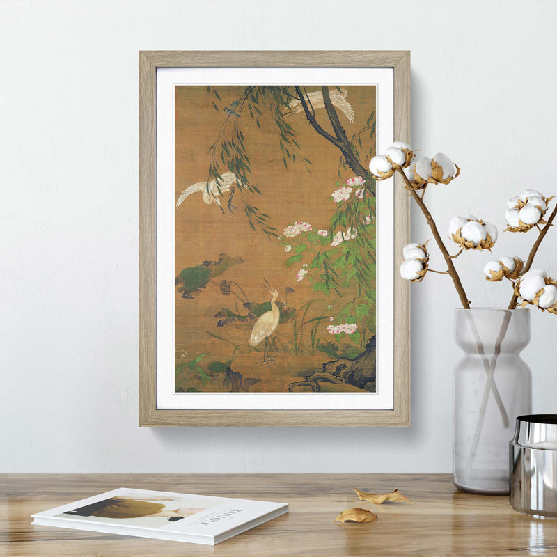 Autumn Egrets & Hibiscus by Lu Ji - Framed Print, 63cm H x 45cm W x 2cm D, Oak  Bordered Framed