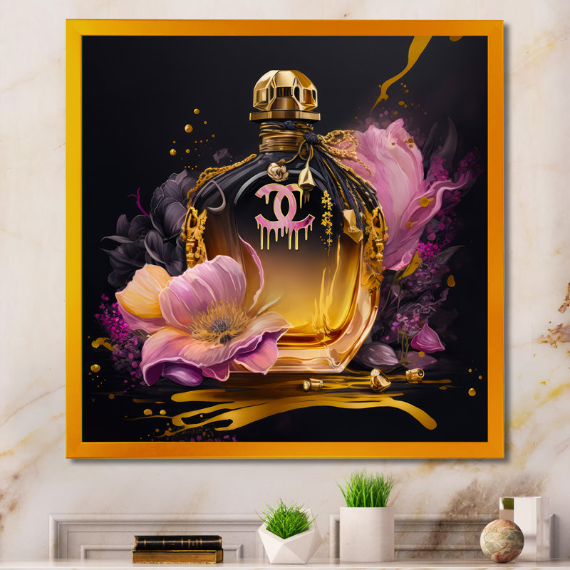 «Chic Perfume Bottle With Pink Roses I», reproduction d'art sur toile encadrée, H 24 po x l 24 po x P 1 po