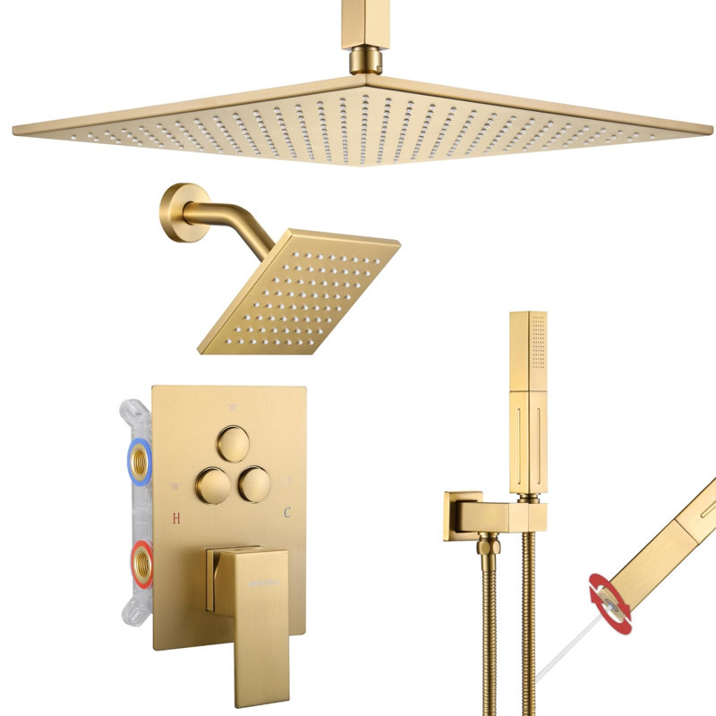 Shower Faucet Set,Ceiling Mount 16 Inch Shower Head,6 Inch Shower Head, 2 In 1 Handheld, Brushed Gold
