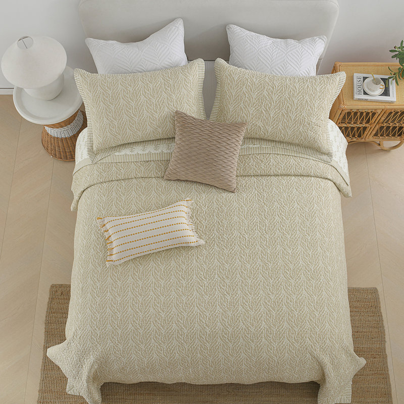 Ensemble de courtepointe en coton, Toile beige, Courtepointe pour lit grand + deux taies décorati