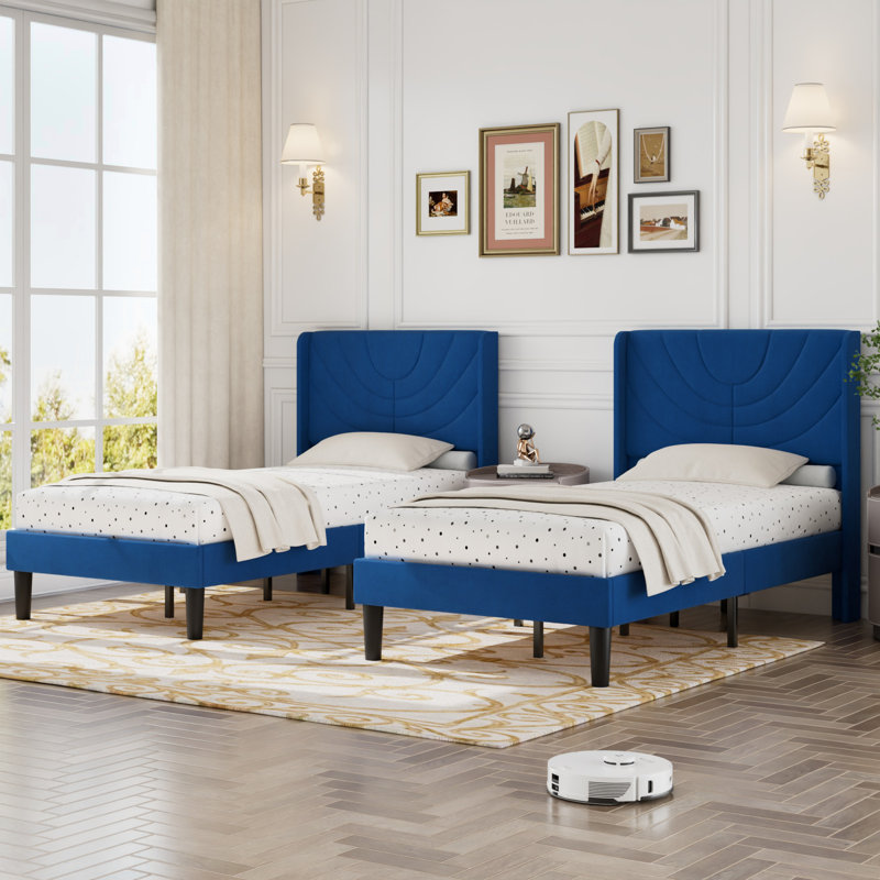Rehnuma Twin Bed Upholstered Platform with Headboard and Strong Wooden Slats, Dark Blue