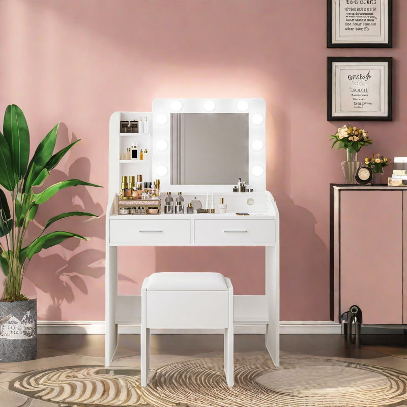 Bureau de coiffeuse avec miroir et lumières à DEL, bureau de coiffeuse avec station de charge et tabouret rembourré, Blanc
