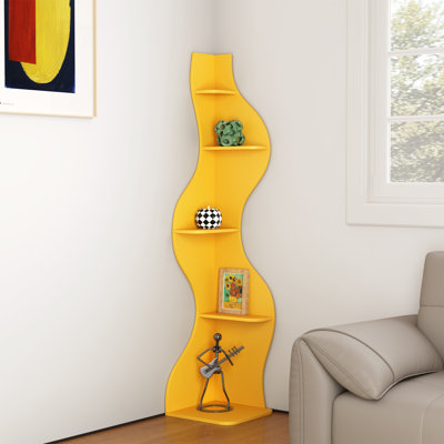 Bibliothèque d'angle moderne, grande étagère d'angle à 5 niveaux pour petits espaces, bibliothèque d'angle ondulée avec rangement, étagère en bois pour plantes, livres et décor, plusieurs couleurs et tailles (jaune)
