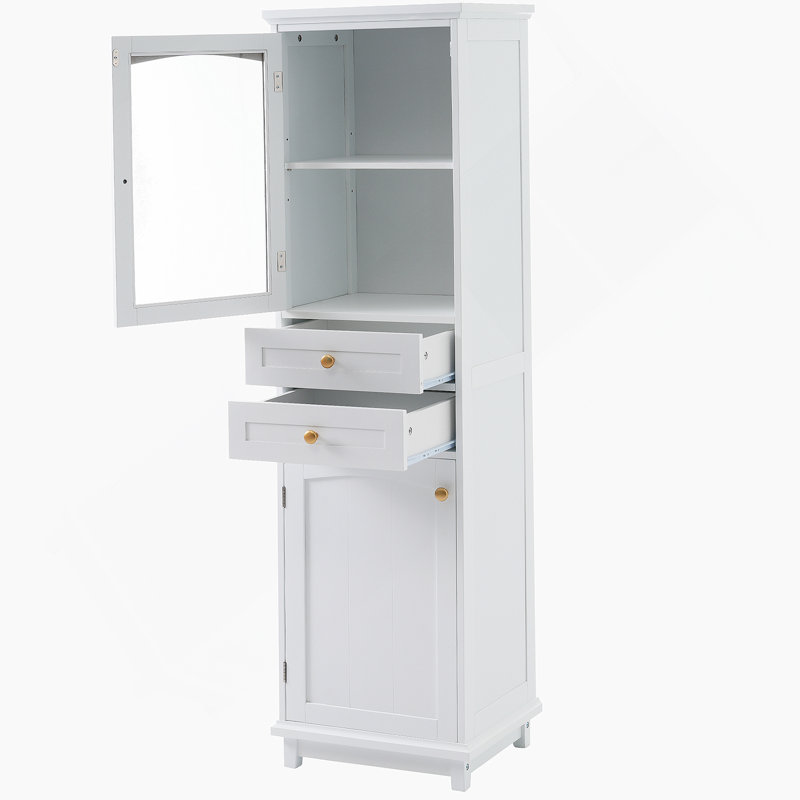 Tall Bathroom Storage Cabinet With Glass Doors, Free-Standing, Black