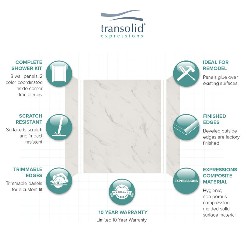 Bianca White Solid Surface 3-Piece Shower Wall Kit, 36" x 60" x 72"