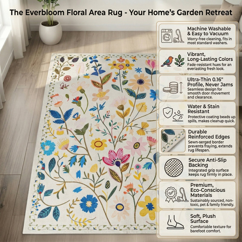 Nature Voja Floral Non-Slip Machine Washable Colorful Modern Area Rug in White for Living Room, Bedroom, Hallway Runner, Entryway Rugs