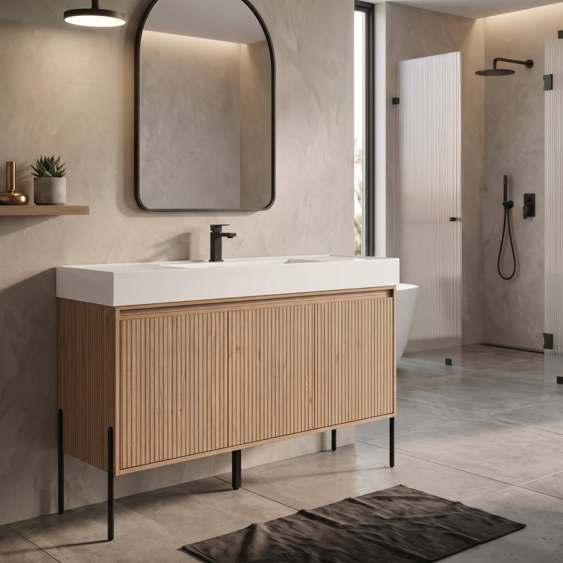 FINE FIXTURES Crownpoint 48" Floor-Standing Bathroom Vanity with White Sink in Bright Oak, White, Oak