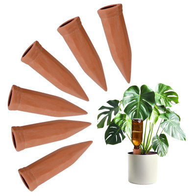 6 pointes en terre cuite à arrosage automatique, piquets d'arrosage automatique pour jardin intérieur et extérieur, dispositifs d'arrosage des plantes de vacances, convient aux bouteilles de vin recyclées