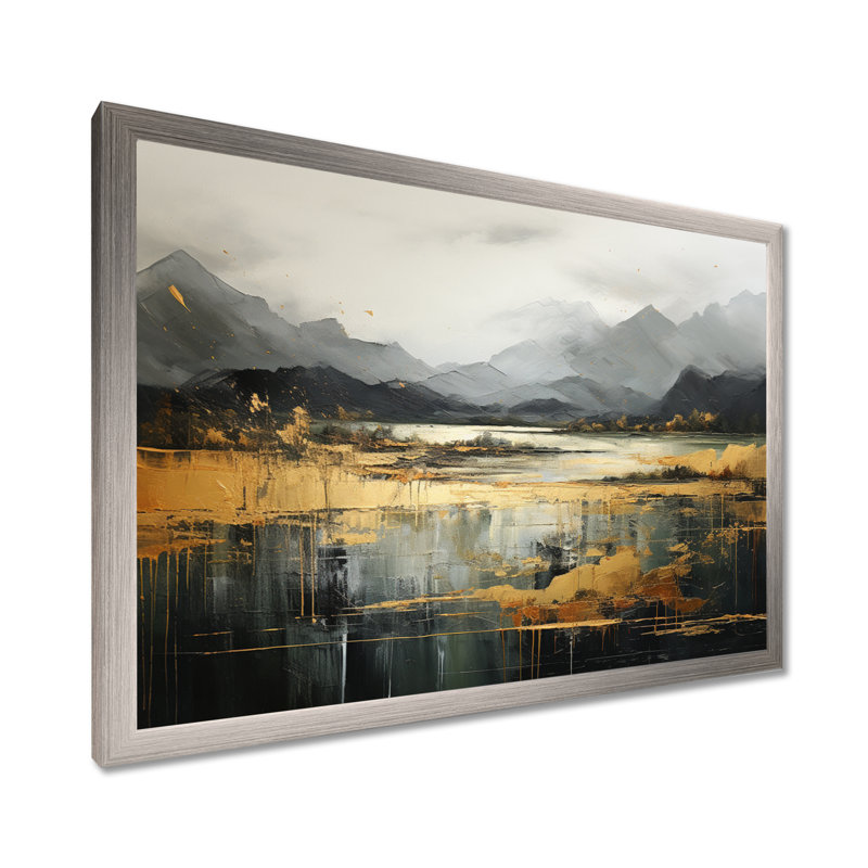 Gris et jaune, paysage de montagne abstrait IV - paysages abstraits, art mural, Cadre de coin argenté fermé