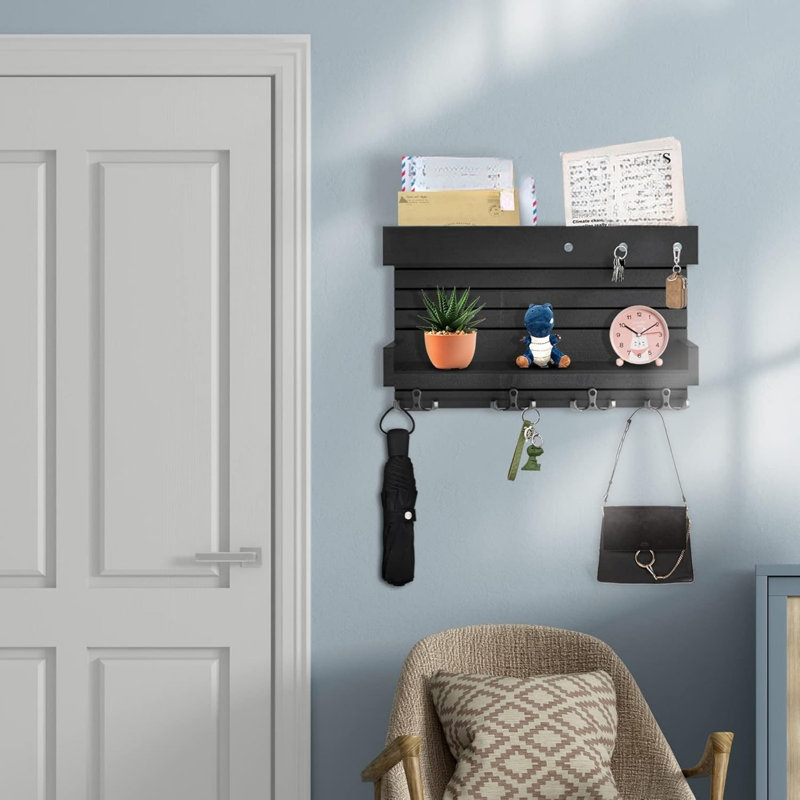 Wall Mounted Mail Holder with 4 Double Key Hooks, Black Wooden Key Rack Mail Sorter Organizer