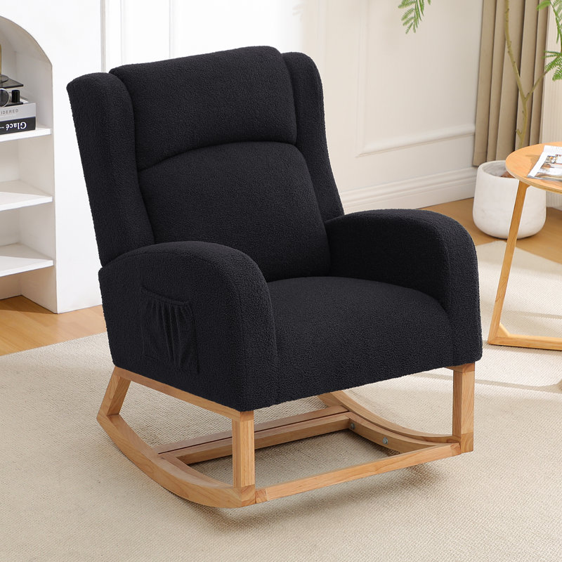 Chaise berçante de 27,3 po de largeur avec pieds et repose-pieds en bois massif, Ours en peluche noir