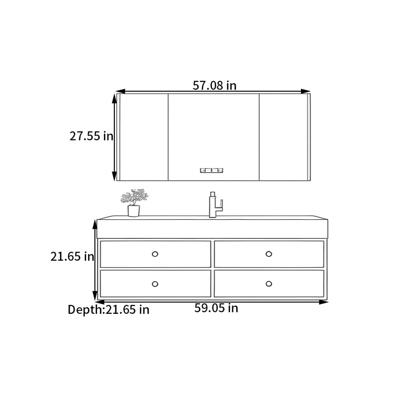 Middle ancient style intelligent bathroom cabinet, Noyer, H 21,65 po x l 59,05 po x P 21,65 po