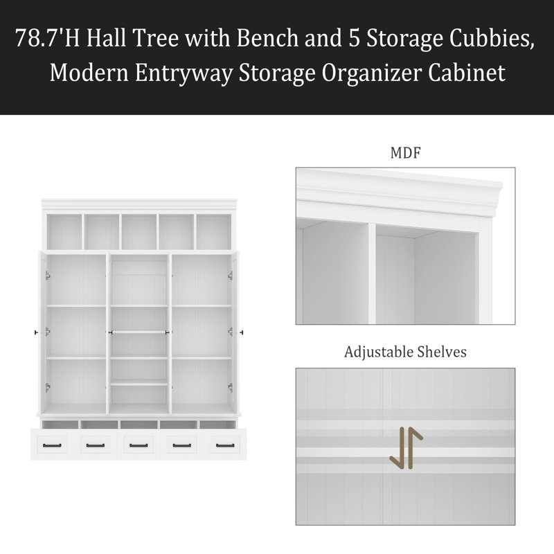 Arbre d'entrée avec banc et 5 casiers de rangement, armoire de rangement moderne avec 4 portes, 5 tiroirs et tablettes réglables pour le couloir, le vestibule et le salon