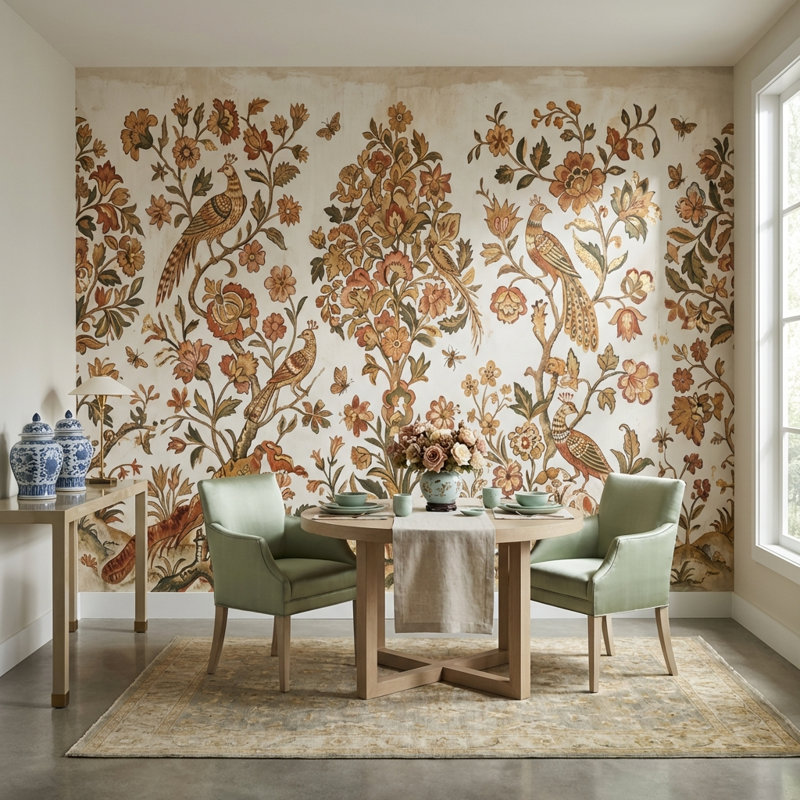 Papier peint floral vintage avec oiseaux, fresque murale traditionnelle, 80"x96", Peel and Stick