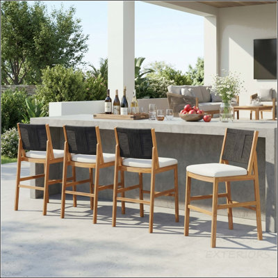 Ensemble de 4 tabourets de bar en bois d'acacia massif avec dossier en osier tissé à la main et coussins amovibles - Osier noir