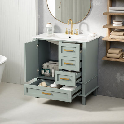 Meuble-lavabo moderne de 30 po avec ensemble de meuble-lavabo 30 po, armoire de rangement avec porte à fermeture douce et 3 tiroirs, structure en bois massif (vert)