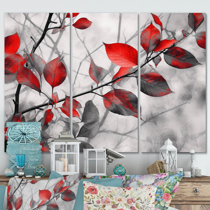 «Red Grey Leaves On Tree IV on Canvas», reproduction de 3 pièces, H 28 po x l 36 po x P 1 po