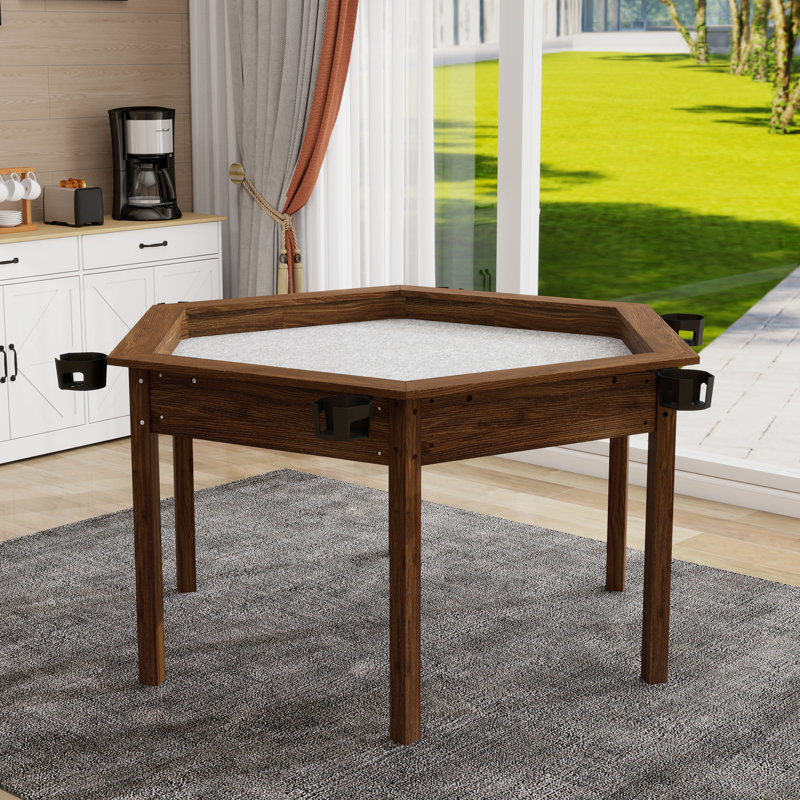 Table de salle à manger hexagonale pour 6 avec plateau de jeu amovible, pieds en bois massif et porte-gobelets rotatifs - brun rustique