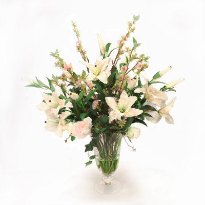 Casablanca Lilies Pear Blossom and Peonies Floral Arrangements in Vase