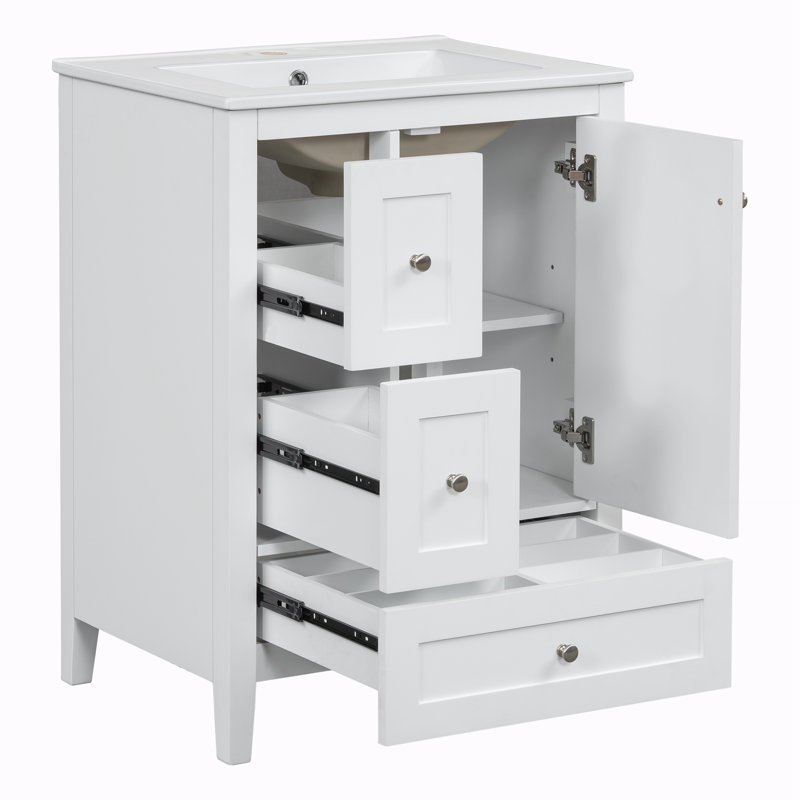 Bathroom Vanity with Storage, Adjustable Shelf, White/Silver