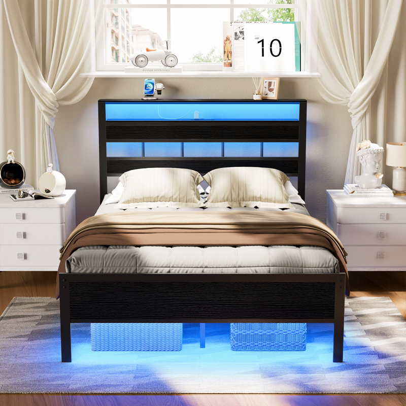 Metal Bed Frame with Charging Station, RGB LED Lights and Storage Headboard, Full / Double