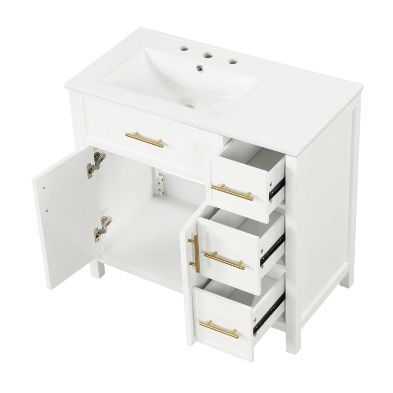 Meuble-lavabo 36 po avec comptoir, meuble-lavabo avec deux portes et trois tiroirs, bois massif, panneaux de fibres à densité moyenne, un paquet, blanc cassé