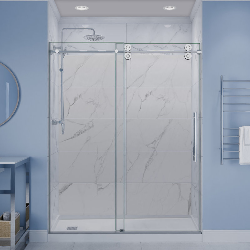 Anzzi Series 60 po X 76 po Porte de douche sans cadre avec porte coulissante en verre trempé transparent, Chrome poli