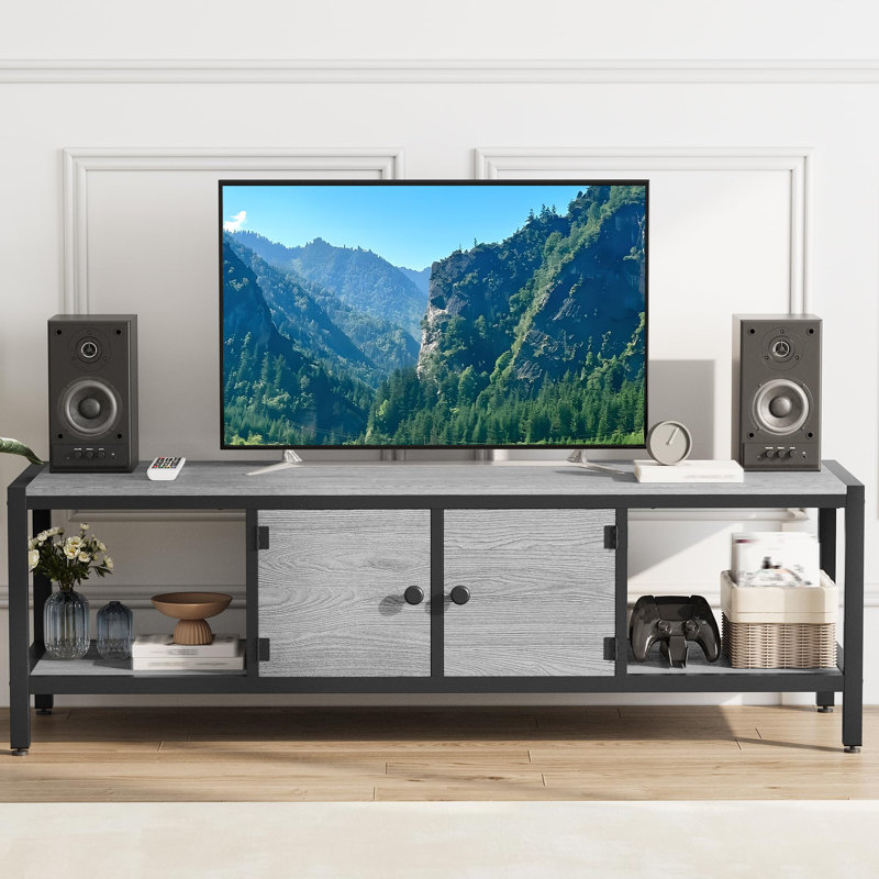 Meuble télé 65 po / 58 po pour téléviseur 75 po / 65 po, meuble télé avec pieds réglables et meuble télé avec tablettes et portes ouvertes