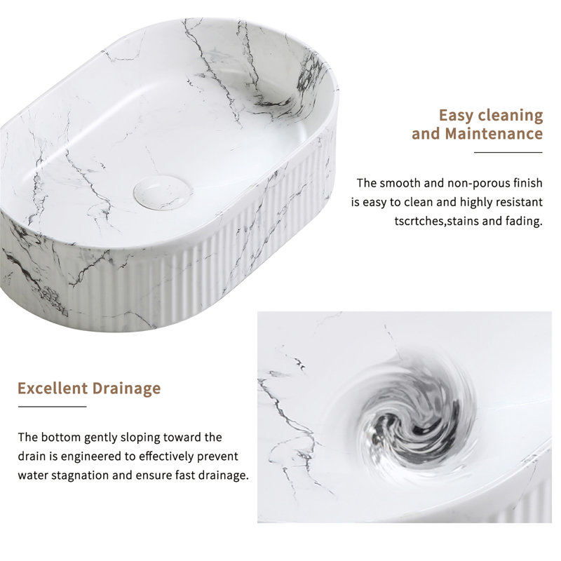 Lavabo vasque de salle de bain ovale en marbre noir et blanc 19 po x 12 po