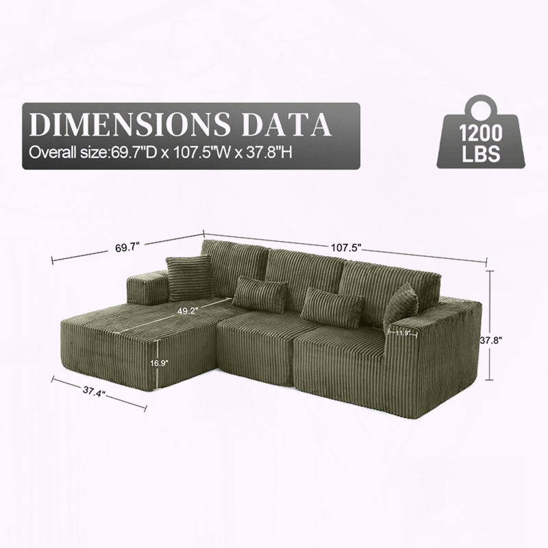 Canapé modulaire combiné nuage avec velours côtelé, assise profonde et méridienne - sans assemblage, Vert