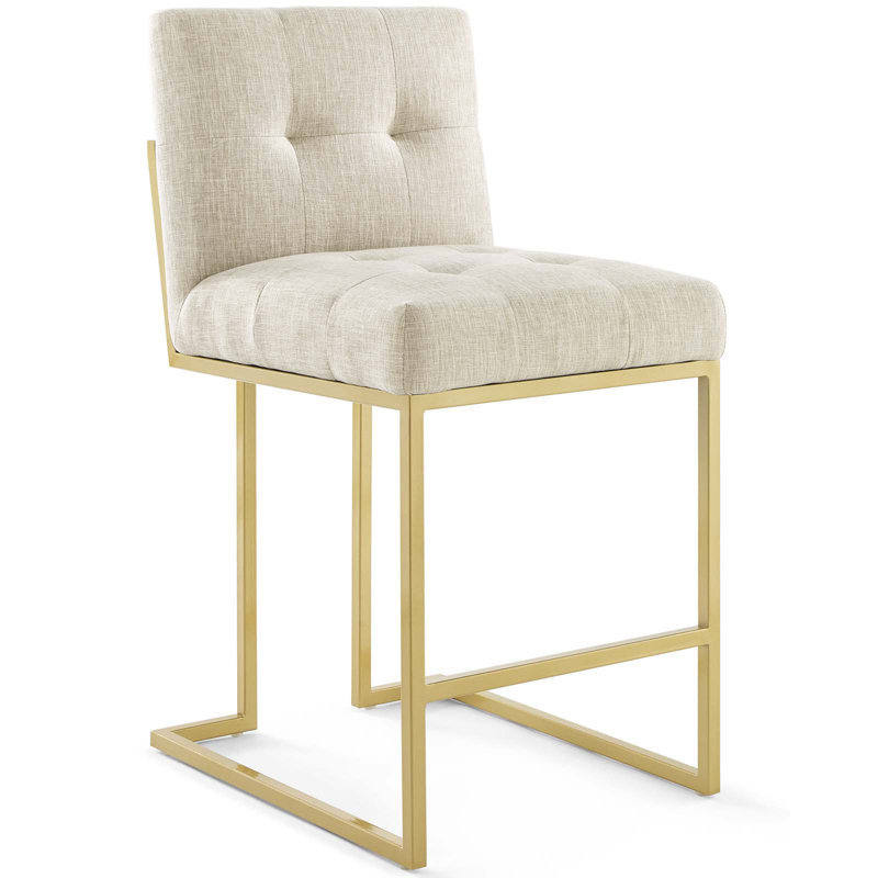 Ensemble de 2 tabourets de comptoir rembourrés en acier inoxydable Privy Gold, Mélange de polyester beige