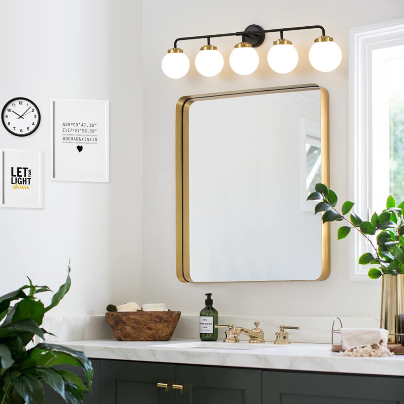 Luminaire de salle de bain à intensité variable avec abat-jour en verre soufflé à la main Karlei, 5, Noir et or, Blanc