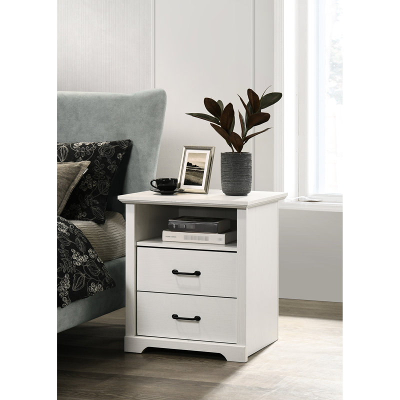22"W 2 White Nightstand, Charging, Open Top Shelf, Black Metal Pulls, 43 Lbs Product Weight 22-Inch Wide Bedside Table, White, 2 Drawers, And -C Handles, 30 Shelf Capacity Limit