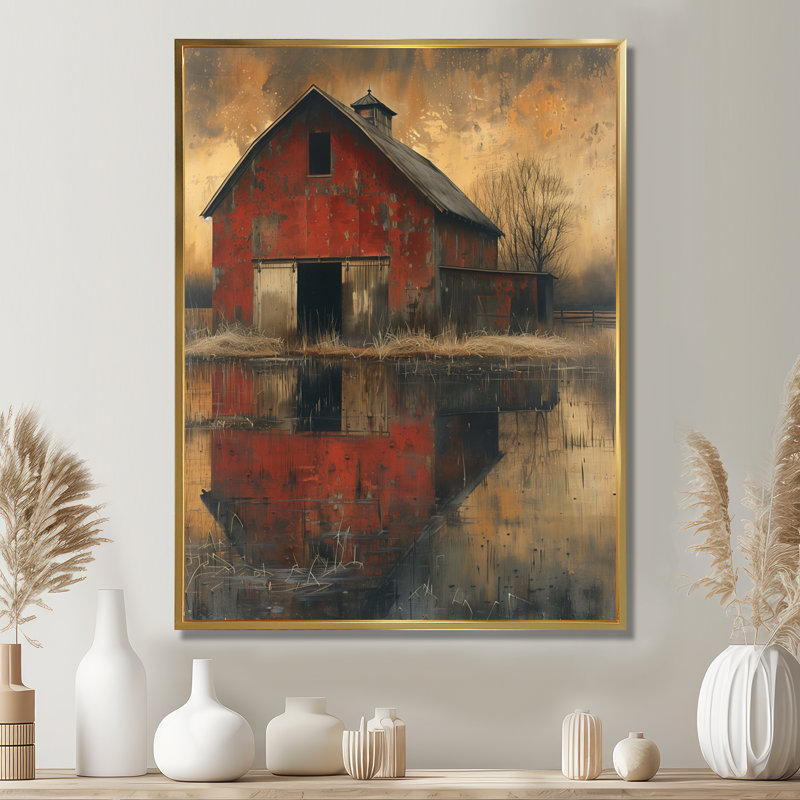 Ancienne grange rétro rouge brun rétro - Art mural de grange, Toile avec cadre flottant or, H 32 po x l 24 po x P 1 po