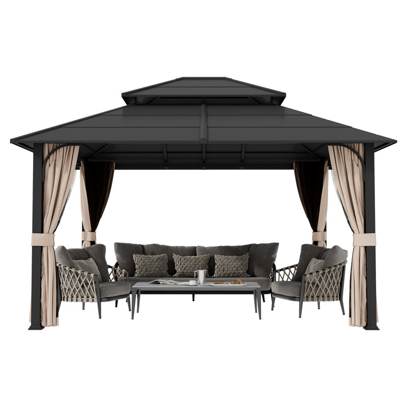12 x 14ft Hardtop Outdoor Gazebo With Double-layer Roof, Patio Gazebo With Powder-coated Metal Frame, Mosquito Netting & Privacy Curtains–perfect For Patio, Garden & Backyard
