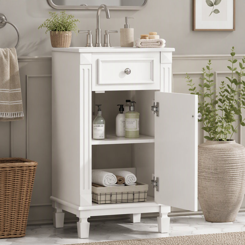 Meuble-lavabo français sur pied de 45,7 cm (18 pouces) avec lavabo en céramique, porte à fermeture douce et tablette réglable