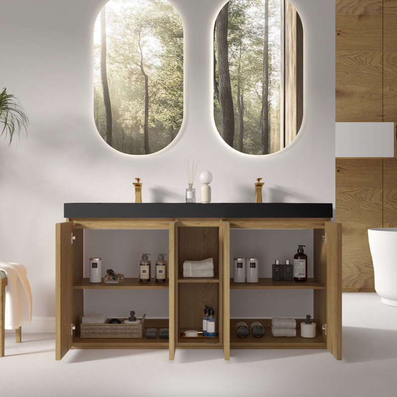 Bathroom Vanity with Solid Surface Top, 60", Single-Hole, White/Dark Brown