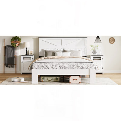 Tête de lit double, cadre de lit plateforme en bois, silencieux, aucun sommier nécessaire et outil d'assemblage facile, grand rangement sous le lit, blanc