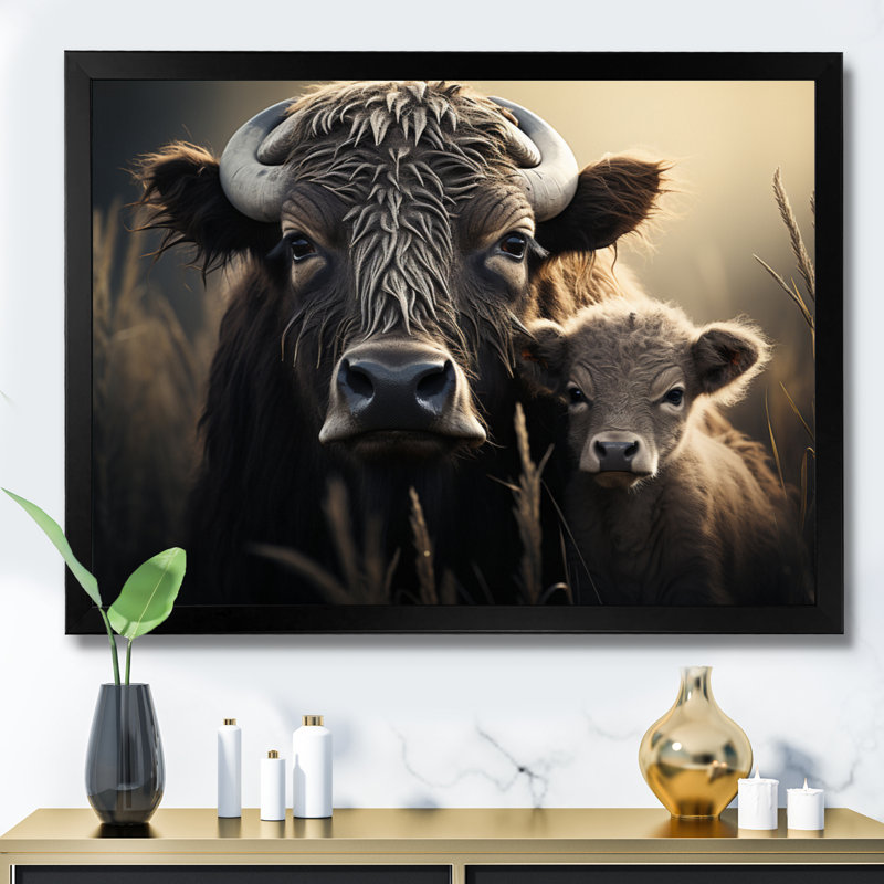 Brown Buffalo Gentle Guardians - Animals Canvas Art Print, H 30 po x l 40 po x P 1,5 po, Cadre simple noir