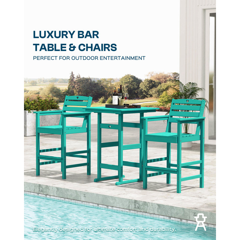 Bar Height Outdoor Table and Chairs Set, HDPE Wood Grain Patio Bar Table and Chairs with Heart Cutout Design, Blue