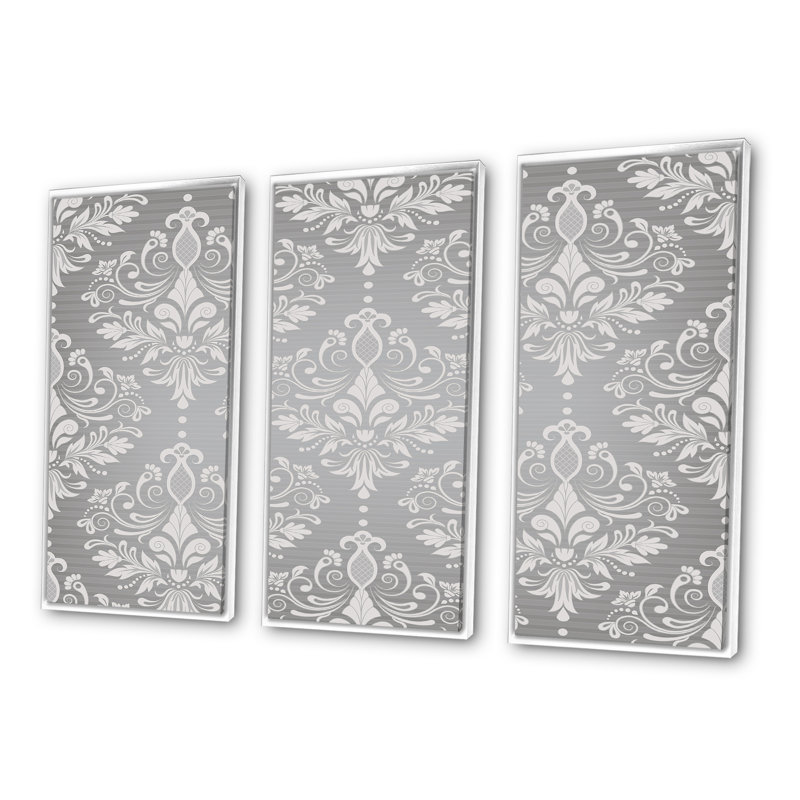 Damas gris clair - reproduction sur toile flottante 3 pièces, H 28 po x l 36 po x P 1 po, Cadre blanc