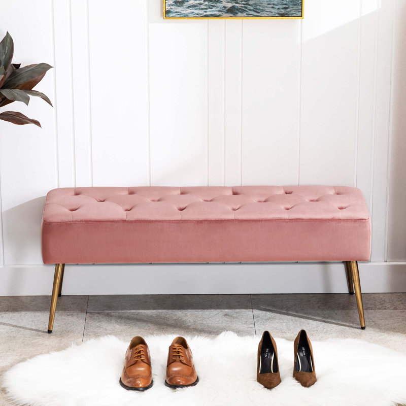 Aghvarth Versatile Tufted Velvet Bench with Gold Metal Legs, Pink Velvet