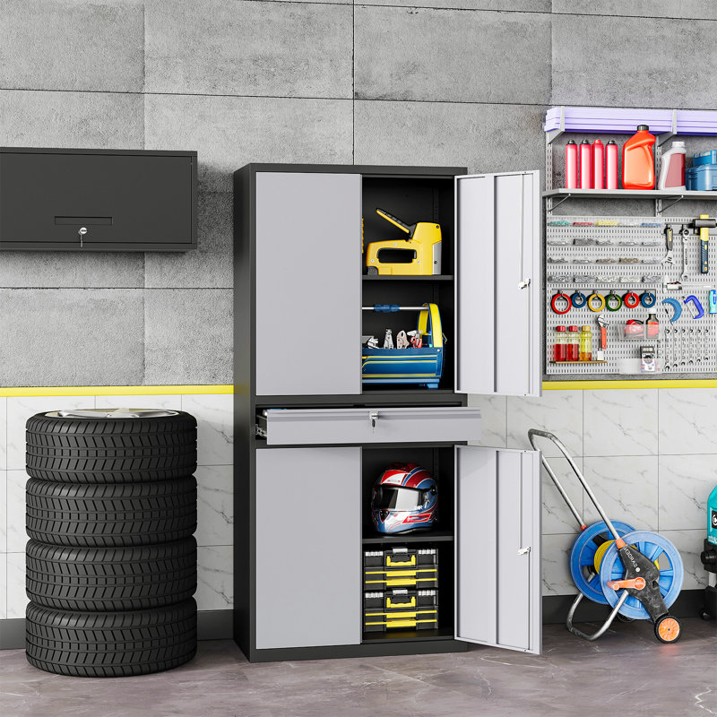 Agilar Locking Metal Garage Cabinet with Adjustable Shelves & Tool Drawer ( 71'' H x 31.5'' W x 15.7'' D), Black Gray