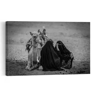 Femmes bédouines et chameau, paysage abstrait traditionnel, impression d'art mural nature